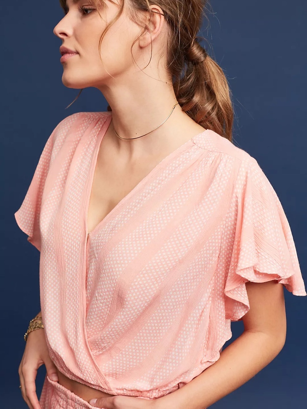 Anthropologie Maeve Women's Pink Polka Dot Boho Flutter Sleeve Wrap Top Size S